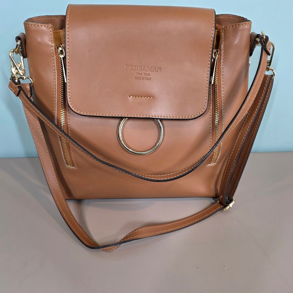 Persaman New York Tan‎ Leather Crossbody Bag Made in Italy Gold Ring Detail